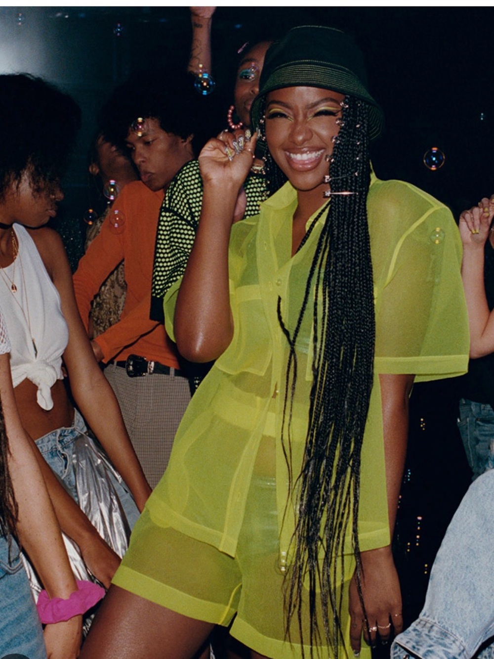 Justine Skye x H&M Sheer Neon Yellow Short-Sleeve Button-Up Shirt - Picture 1 of 6